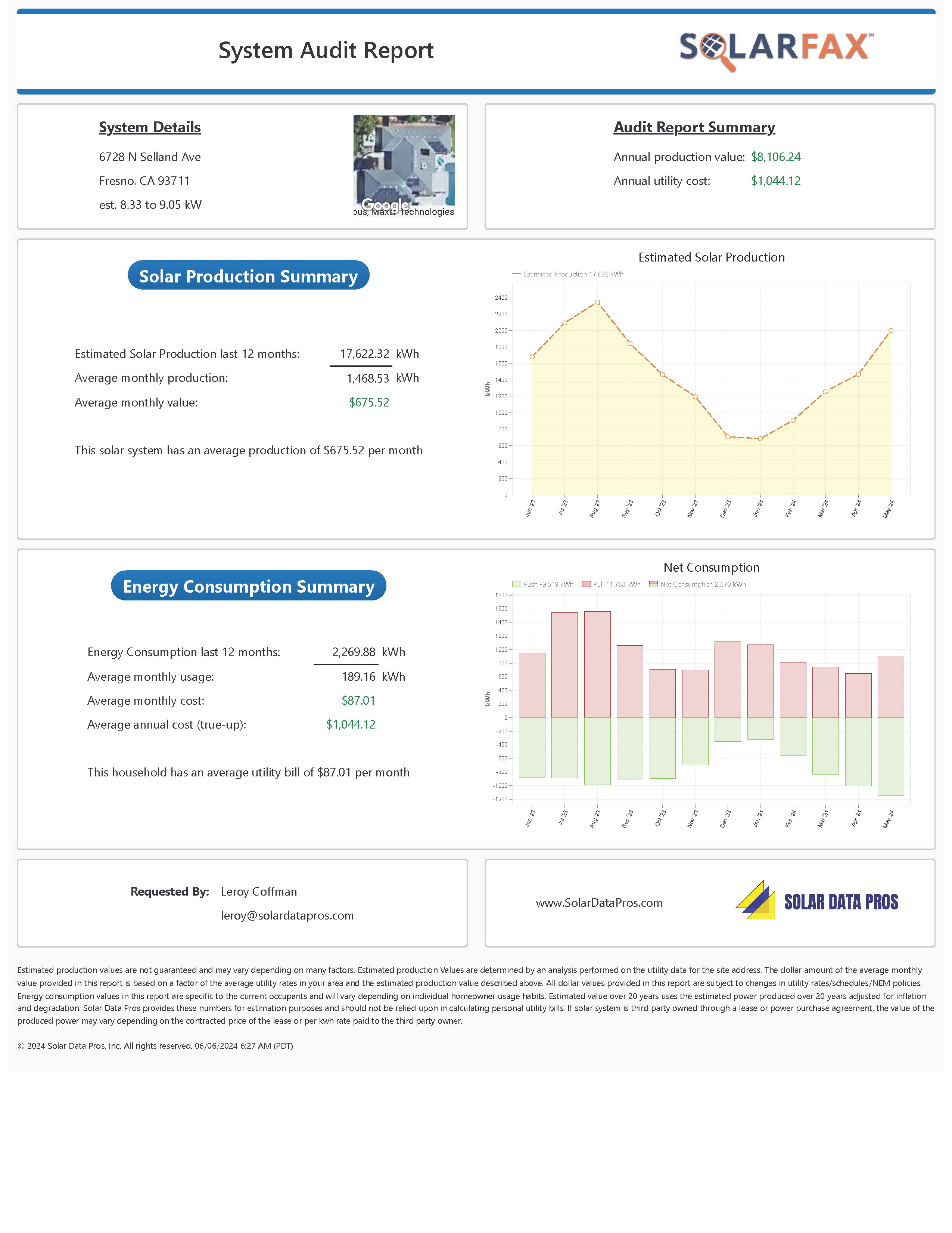 Actual SolarFax® customer report showing solar production and energy consumption summaries